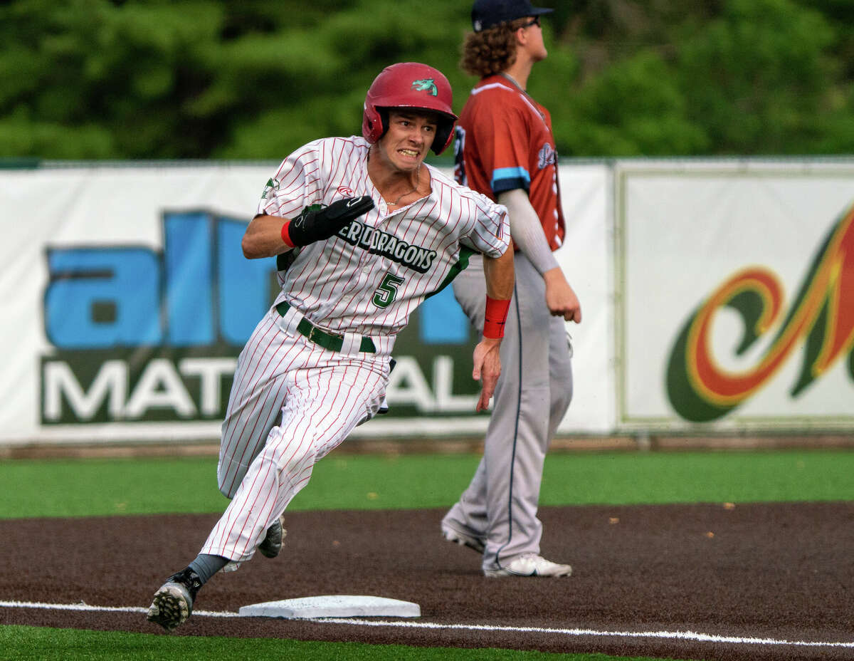 River Dragons outfielder Blake Burris rounds third base Sunday, scoring Alton's third run en route to a 4-1 win over the Springfield Lucky Horseshoes in the Prospect League's Prairie Land Division Championship at Lloyd Hopkins Field. 