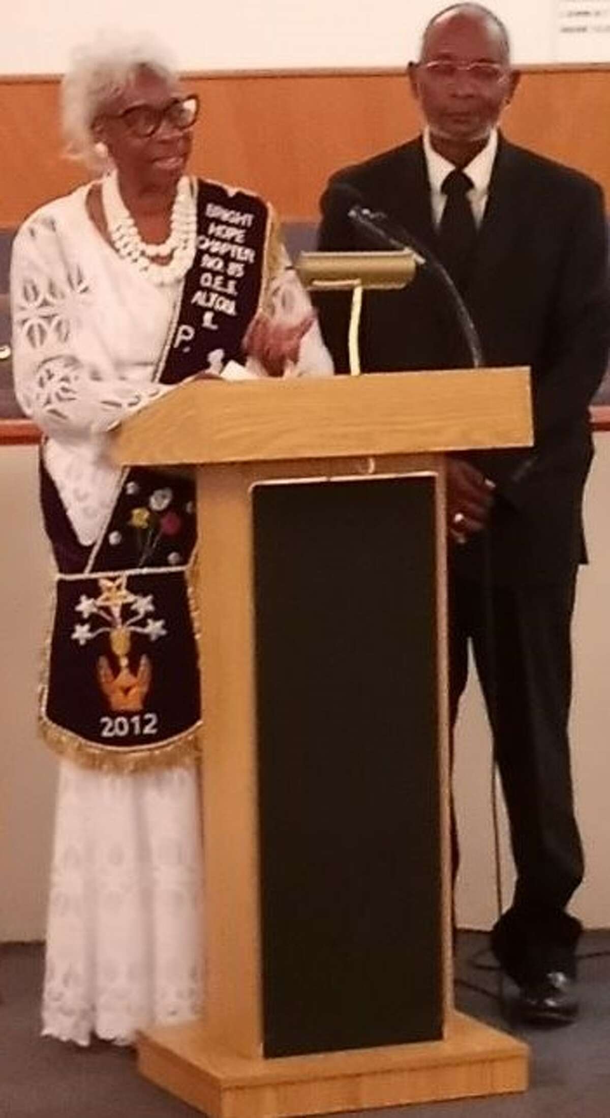Worthy Matron Sister Maxine Caldwell and former Patron Brother Carneth Young speak Sunday at centennial celebration of the Bright Hope Chapter No. 85, Order of the Eastern Stars of Alton, Prince Hall Affiliated.