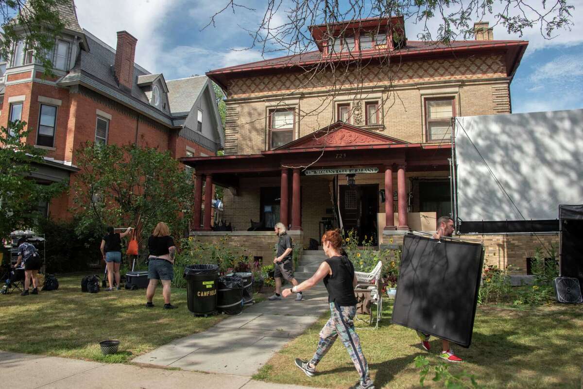 Production crew is seen outside The Women’s Club of Albany where filming took place for the HBO series ‘The Gilded Age' on Monday, Aug. 8, 2022 in Albany, N.Y.