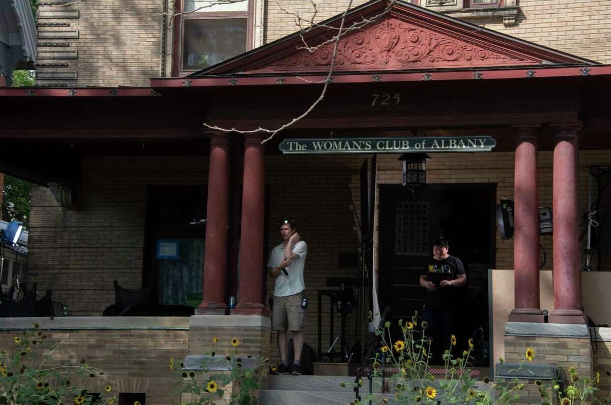 Production lights are seen on the porch and the side of The Women’s Club of Albany where filming took place for the HBO series ‘The Gilded Age' on Monday, Aug. 8, 2022 in Albany, N.Y.