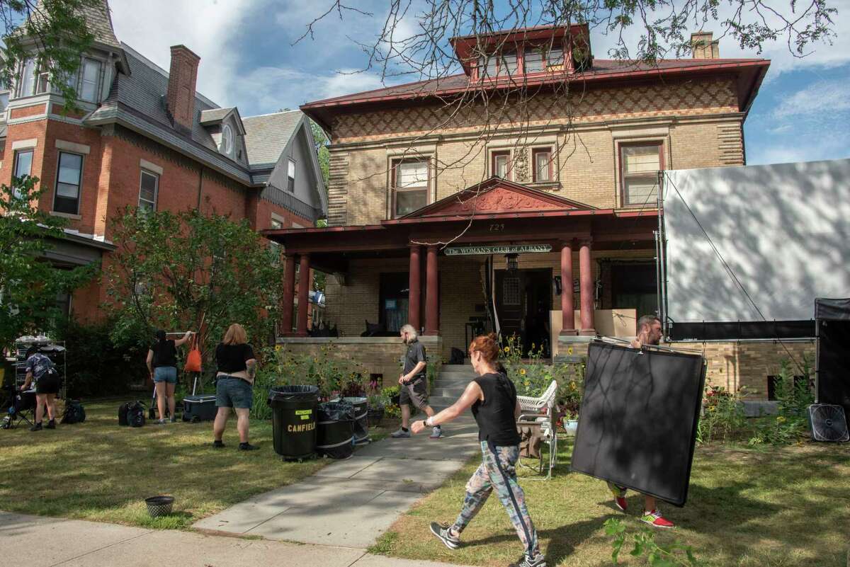 Production crew is seen outside The Women’s Club of Albany where filming took place for the HBO series ‘The Gilded Age' on Monday, Aug. 8, 2022 in Albany, N.Y.