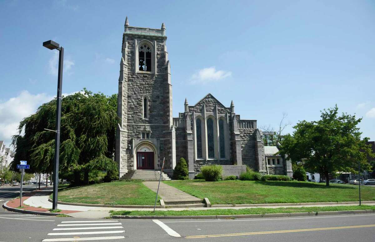 First Congregational Church in Stamford, Conn., photographed on Monday, Aug. 8, 2022. The church, located across from Latham Park, was sold to a developer in 2019 and a new plan to rehabilitate the property is going through the city.