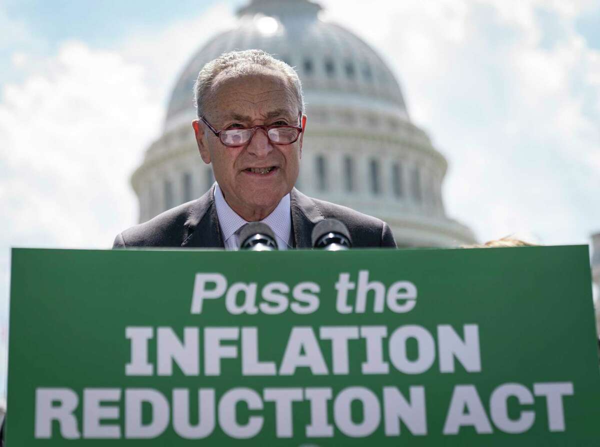 WASHINGTON, DC - AUGUST 4: Senate Majority Leader Chuck Schumer (D-NY) speaks during a news conference about the Inflation Reduction Act outside the U.S. Capitol on August 4, 2022 in Washington, DC. (Photo by Drew Angerer/Getty Images)