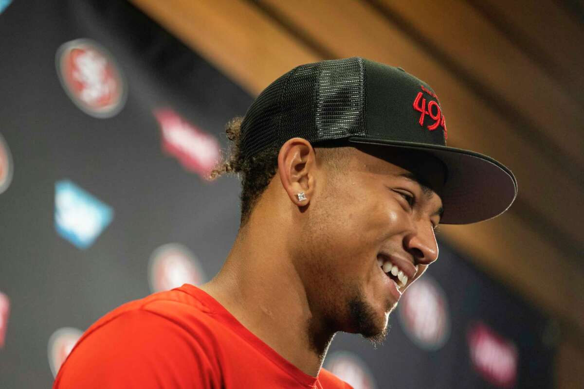 San Francisco 49ers quarterback Trey Lance speaks to members of the media after training camp in Santa Clara on Thursday, July 28, 2022.