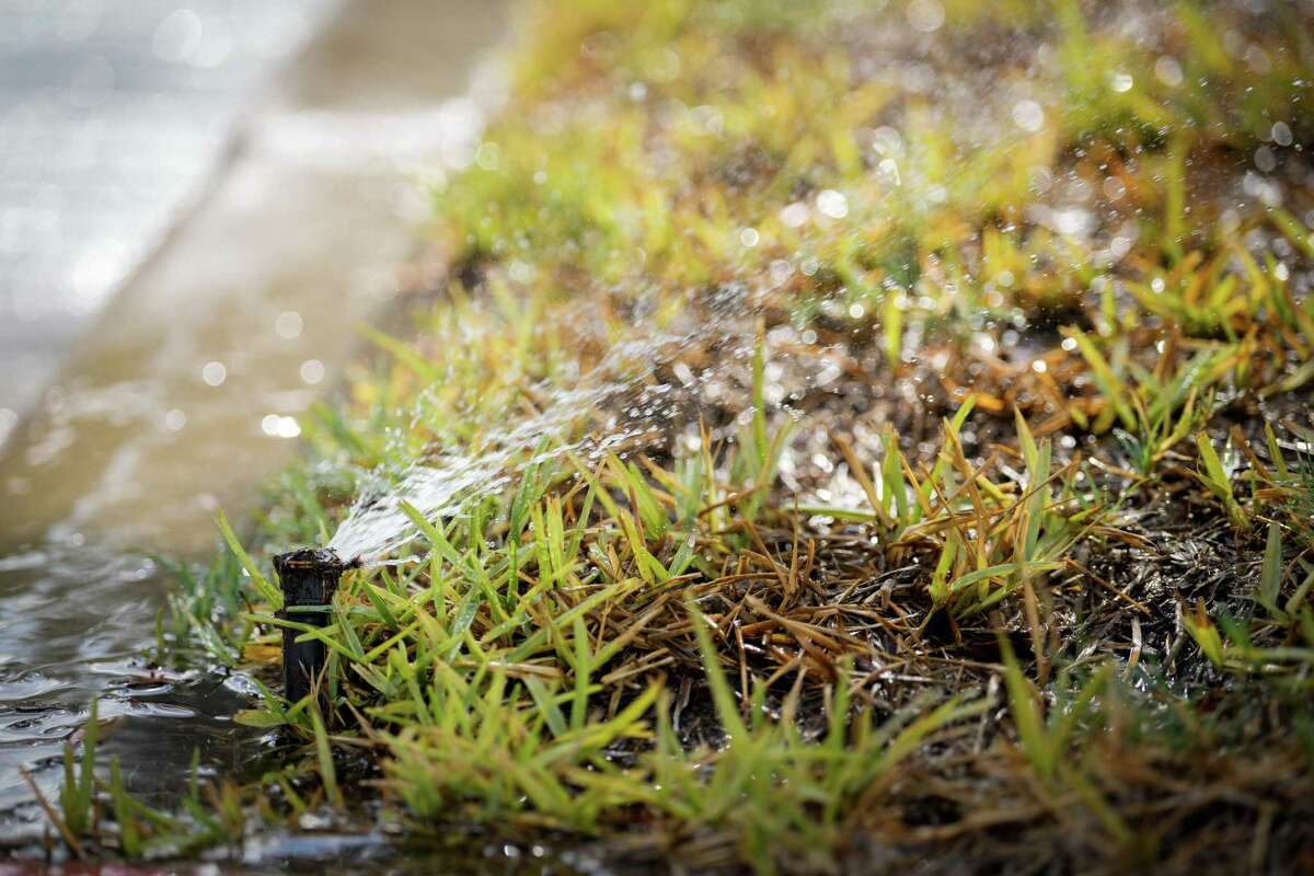 A sprinkler waters the grass near a business Monday, Aug. 8, 2022, in the Katy area. The city imposed watering restrictions.