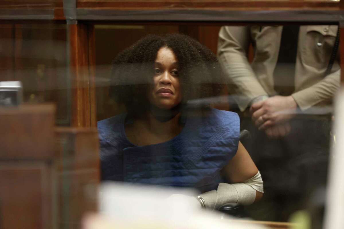 Nicole Linton appears in Los Angeles Superior Court for arraignment on murder charges stemming from a traffic crash, Monday, Aug. 8, 2022, in Los Angeles. (Frederick M. Brown/Daily Mail.com via AP, Pool)