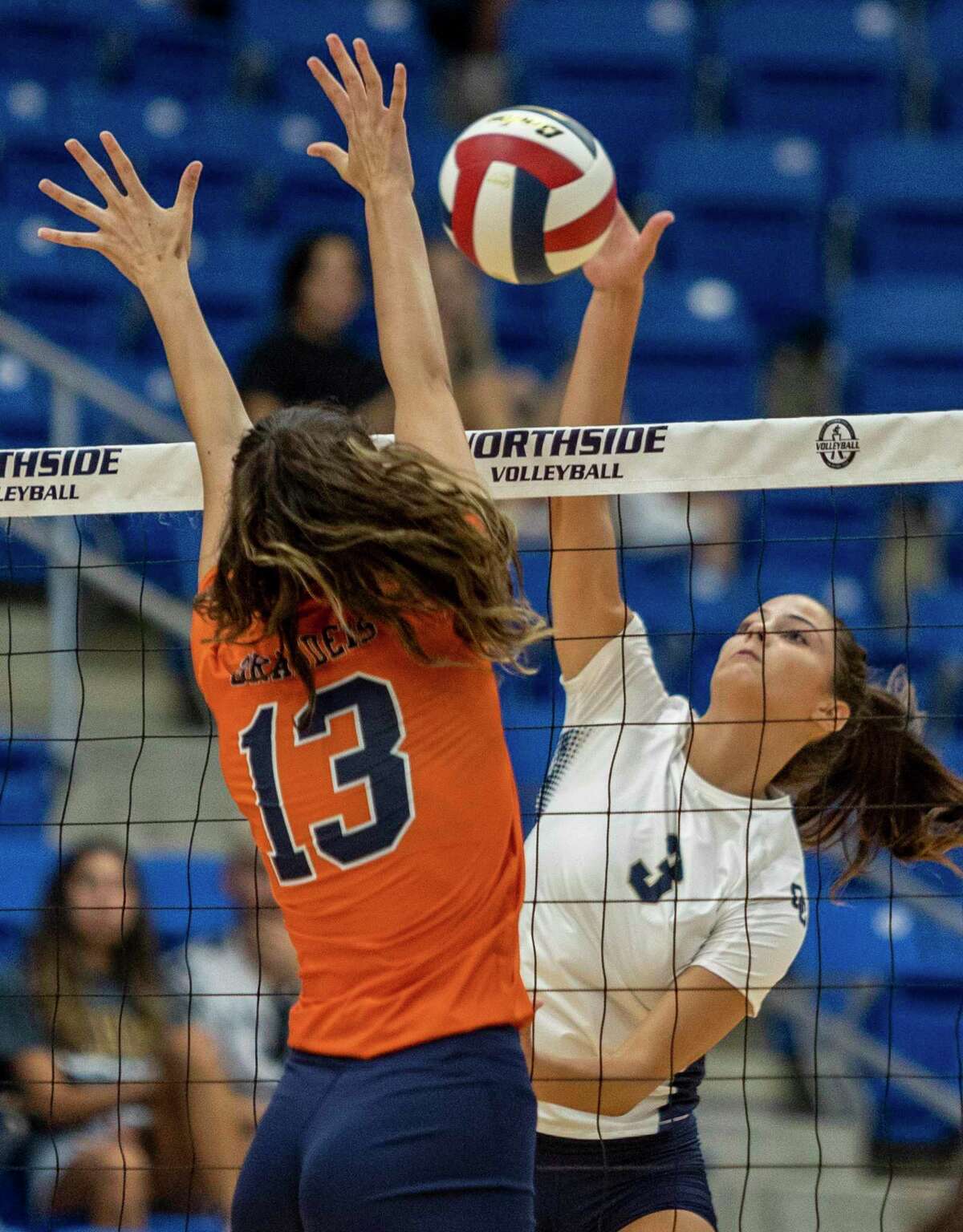 Brandeis’s Sophia Kuyn, left, defends Monday, Aug. 8, 2022 against a shot by O’Connor’s Kelli Fording during the Broncos’ game against the Panthers at the Northside Sports Gym.