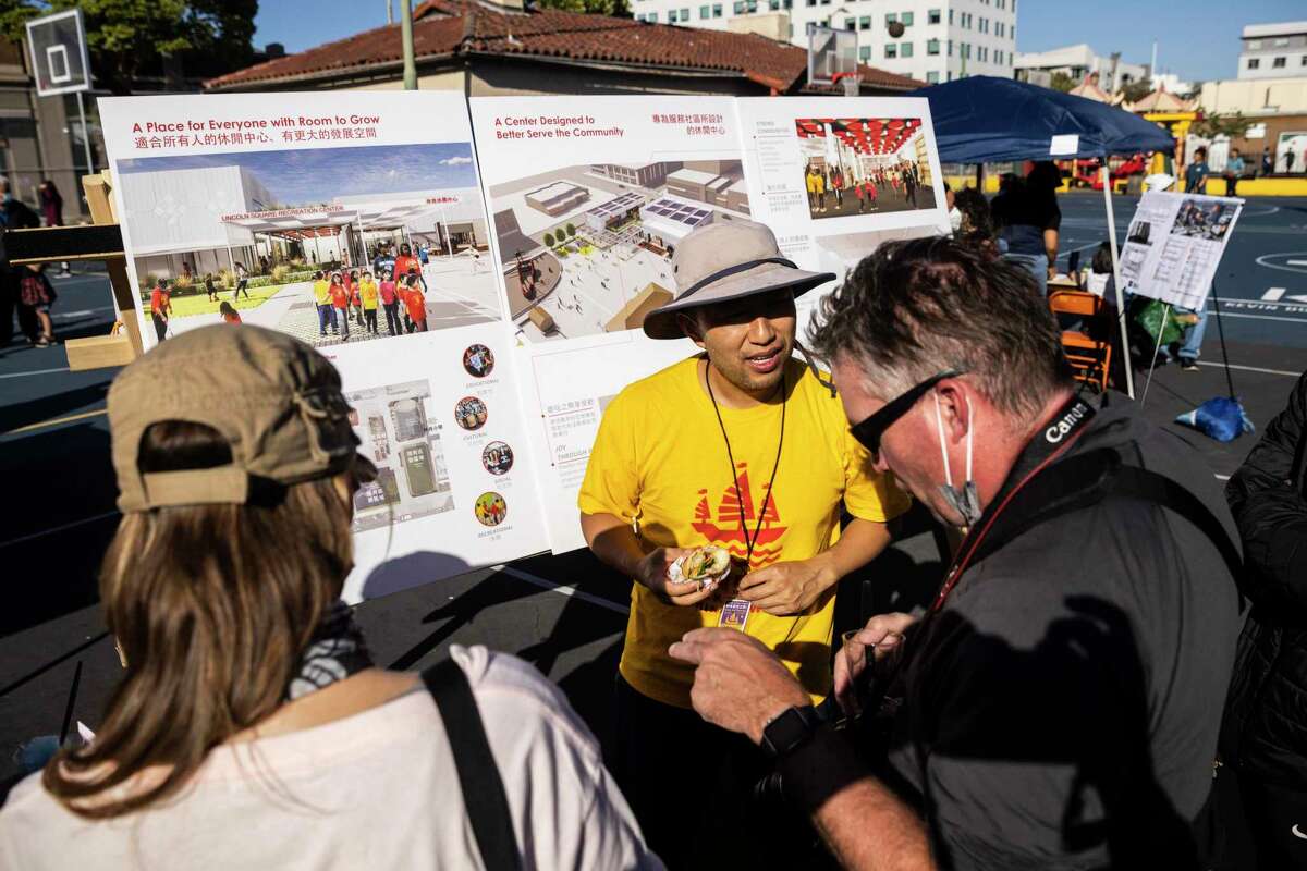 A display of the proposed renovation of the Lincoln Recreation Center is seen July 12 during the monthly Lincoln Summer Nights in Oakland.