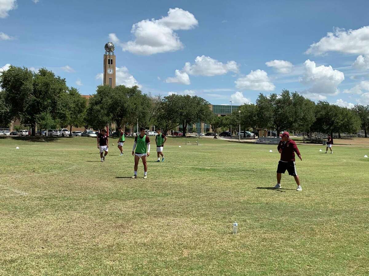 TAMIU Dustdevils Men’s Soccer head coach Claudio Arias giving instructions during the team’s first day of preseason on Monday, August 8,2022.