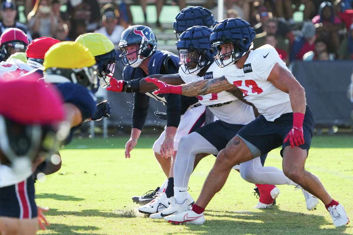 Houston Texans defensive end Adedayo Odeleye (75) gets past San Francisco  49ers offensive lineman Jordan Mills (