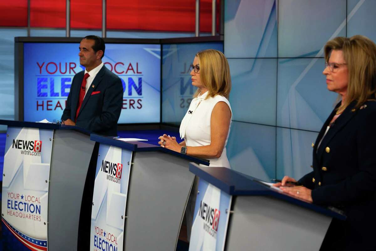 Republican primary candidates for Connecticut's U.S. Senate seat, Peter Lumaj, left, Themis Klarides, center, and Leora Levy, right, face-off in a live broadcast debate at WTNH television studios on July 26 in New Haven.
