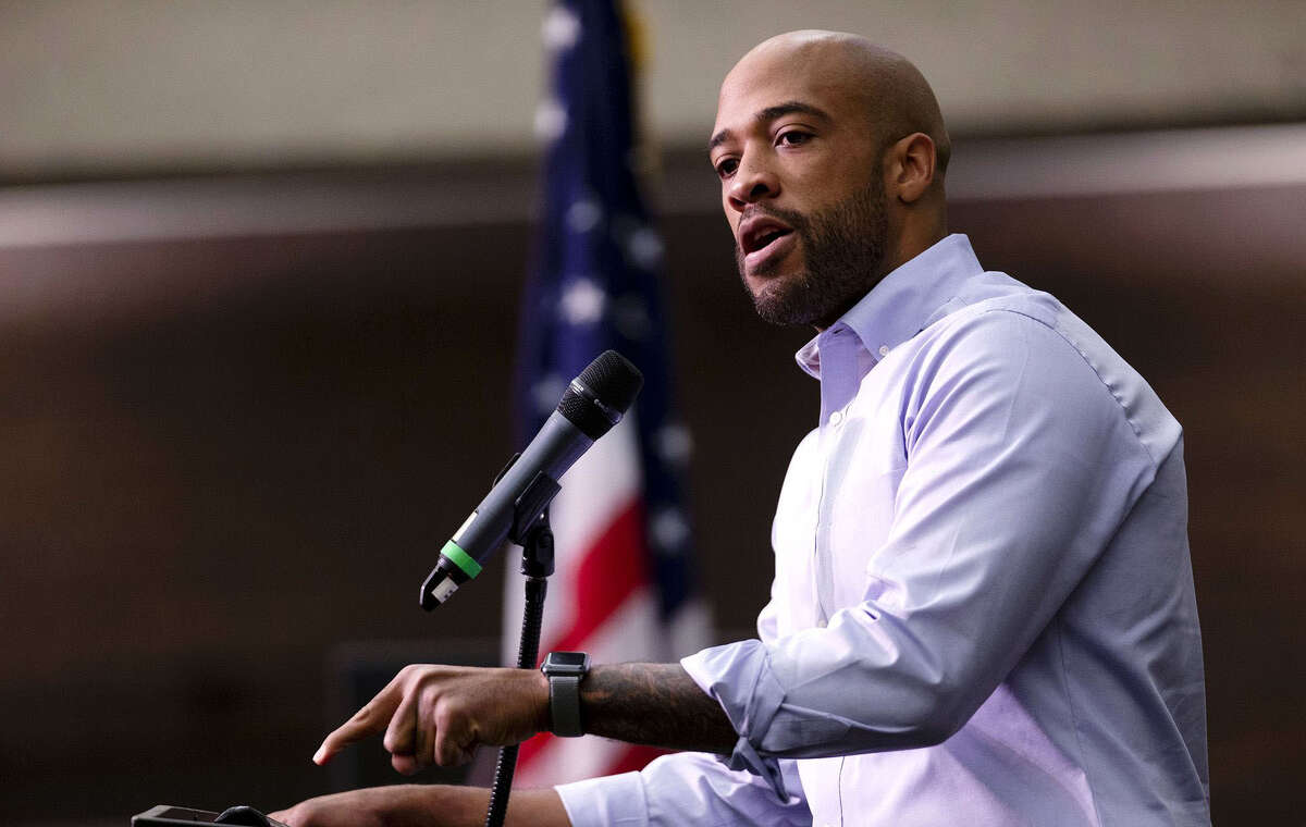 Mandela Barnes, then the Democratic nominee for lieutenant governor of Wisconsin, speaks during a campaign rally for Democratic candidates in Milwaukee on Oct. 22, 2018.