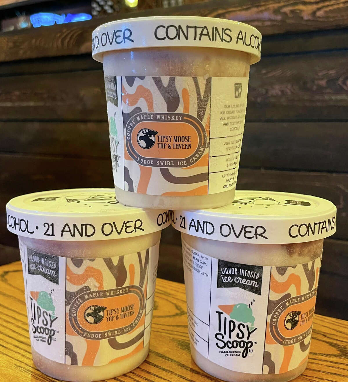 Tipsy Moose's Coffee-Maple Whiskey Fudge Swirl Ice Cream is available for in-house desserts or to-go pints.