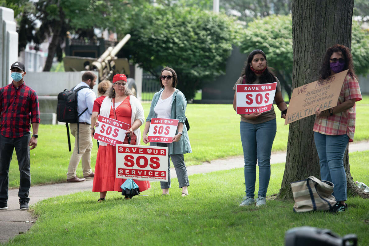 The Schenectady Coalition for Healthcare Access (SCHA) held a rally in Veteran's Park on July 25, 2021 to call for an end to cuts in healthcare services and highlight the what it believes is a lack of transparency in the management agreement between Ellis Medicine and St. Peter’s Health Partners (SPHP).