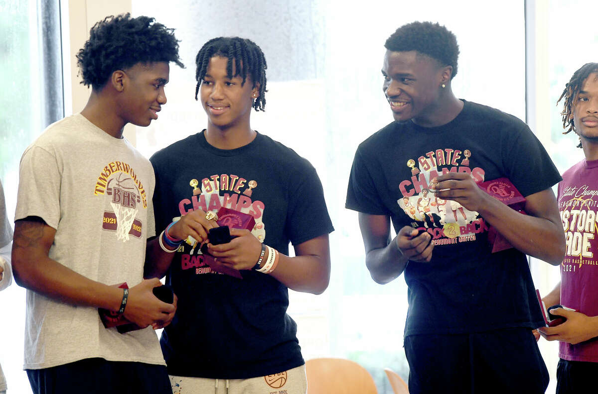 Beaumont United's Timberwolves received their state championship rings during a ceremony Tuesday at Edison Plaza. The back-to-back state champs are aiming for a three-peat this season. Photo made Tuesday, August 9, 2022. Kim Brent/The Enterprise
