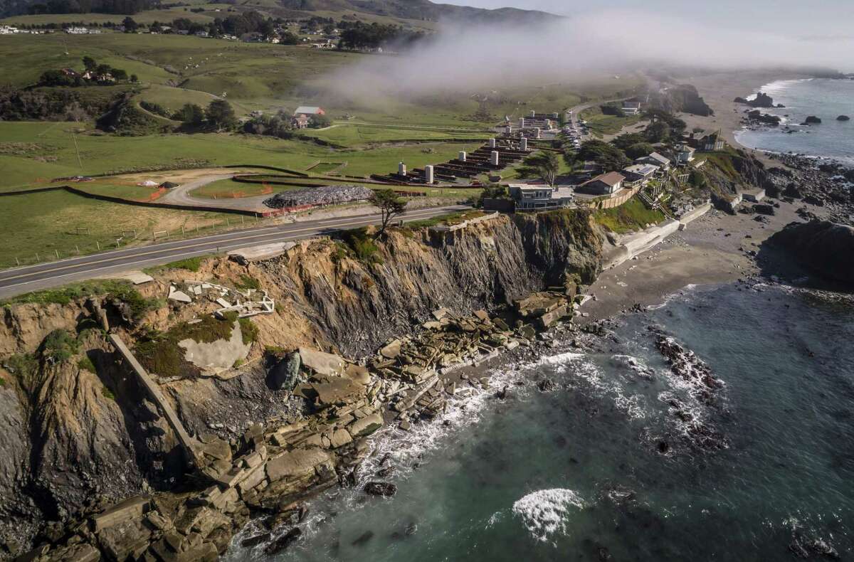 Homes and farms along Highway 1 near Gleason Beach outside Bodega Bay are protected by different styles of cliffside armoring put in place to protect against erosion by the surf.