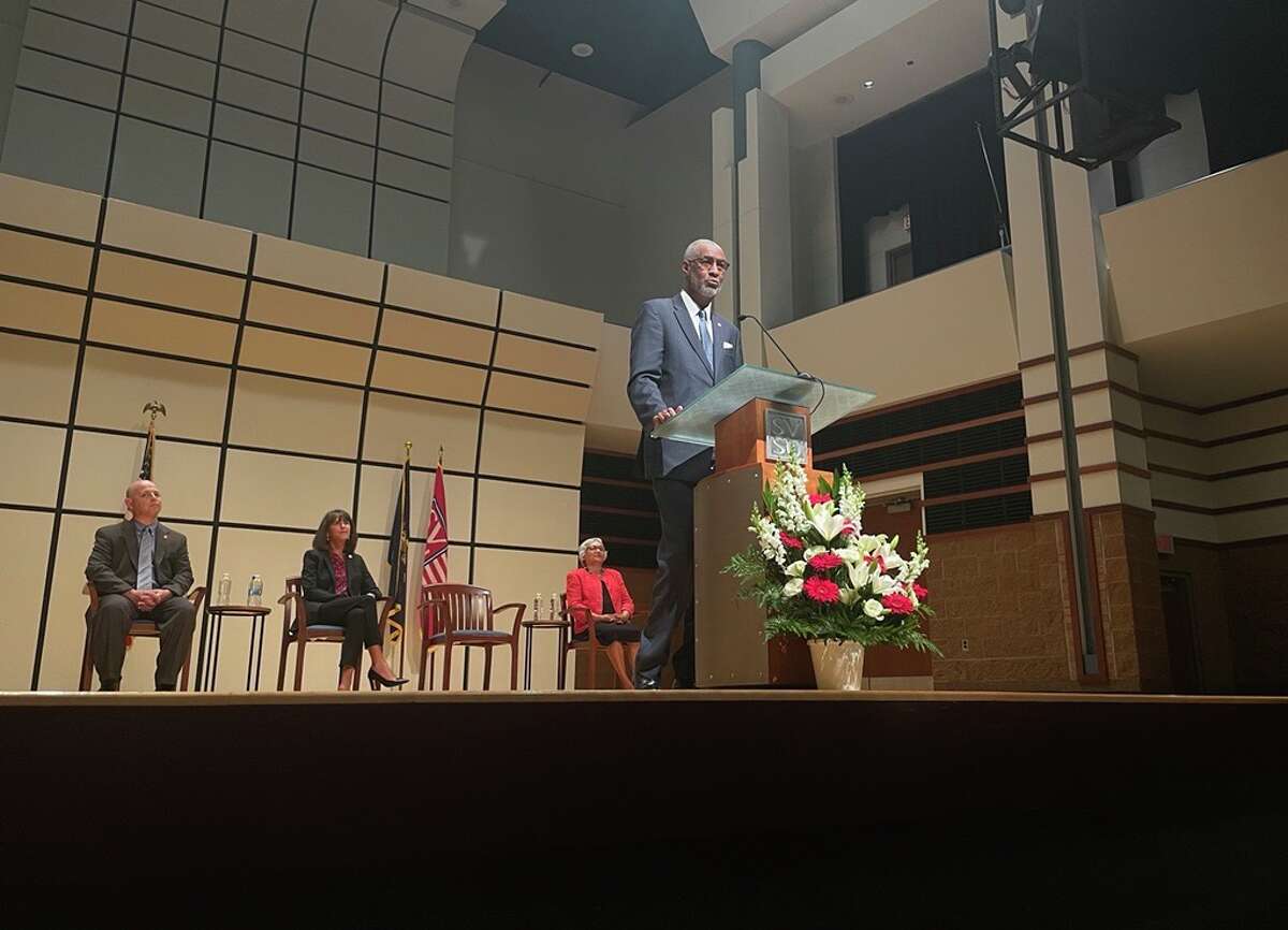 Saginaw Valley State University (SVSU) President-elect George Grant Jr. introduces himself to members of the press during a conference on Tuesday, Aug. 9, 2022 in Curtiss Hall on the campus of SVSU. He begins in December. 