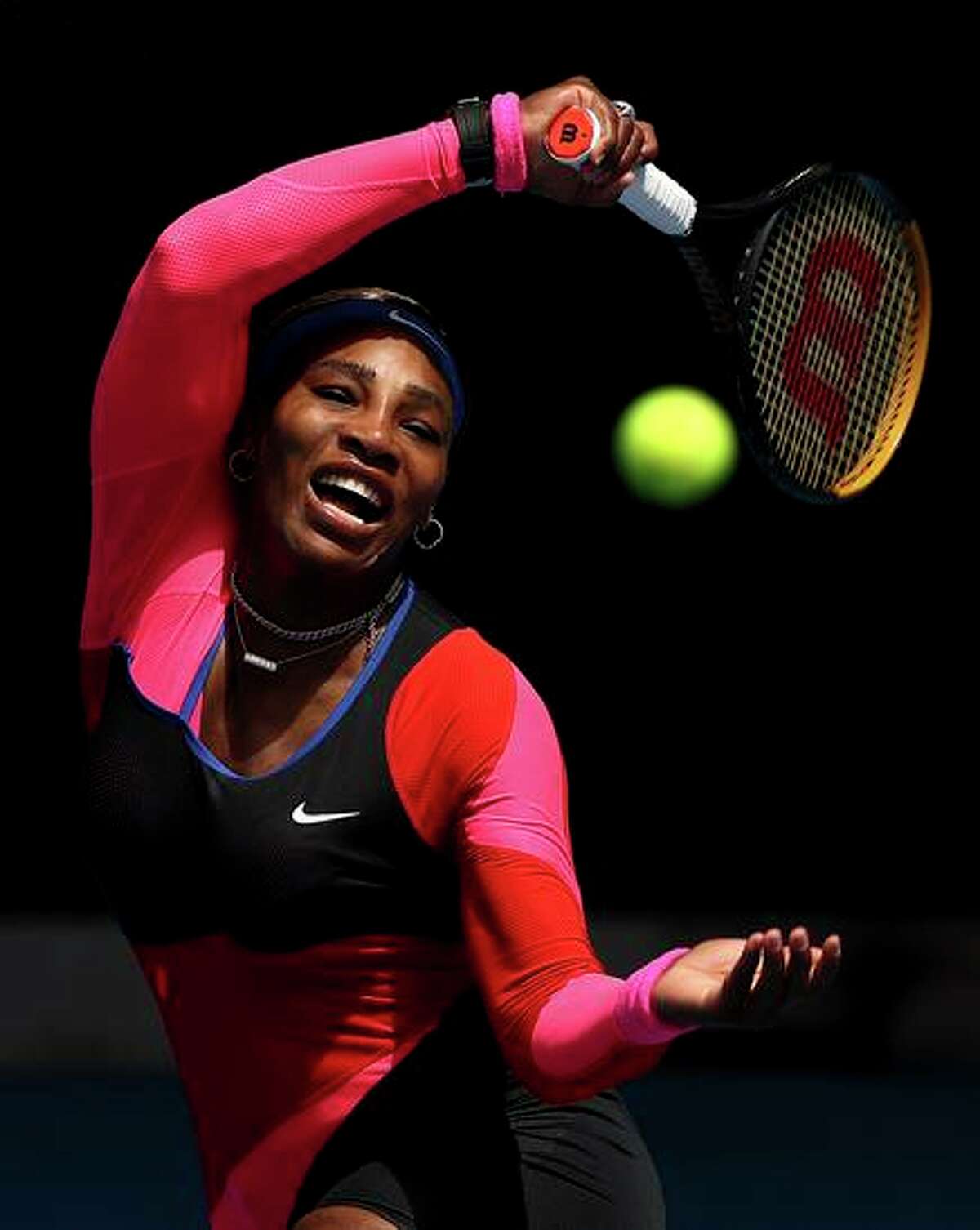 Williams plays a forehand during the 2021 Australian Open, site of her last Grand Slam title, in 2017.
