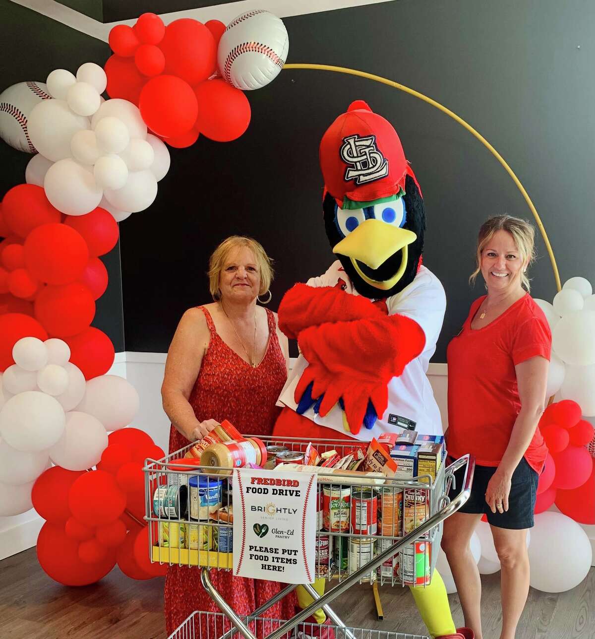 Fredbird visited Brightly Senior Living in Glen Carbon on Aug. 1 to help the community with its food drive to benefit the Glen/Ed Food Pantry. 