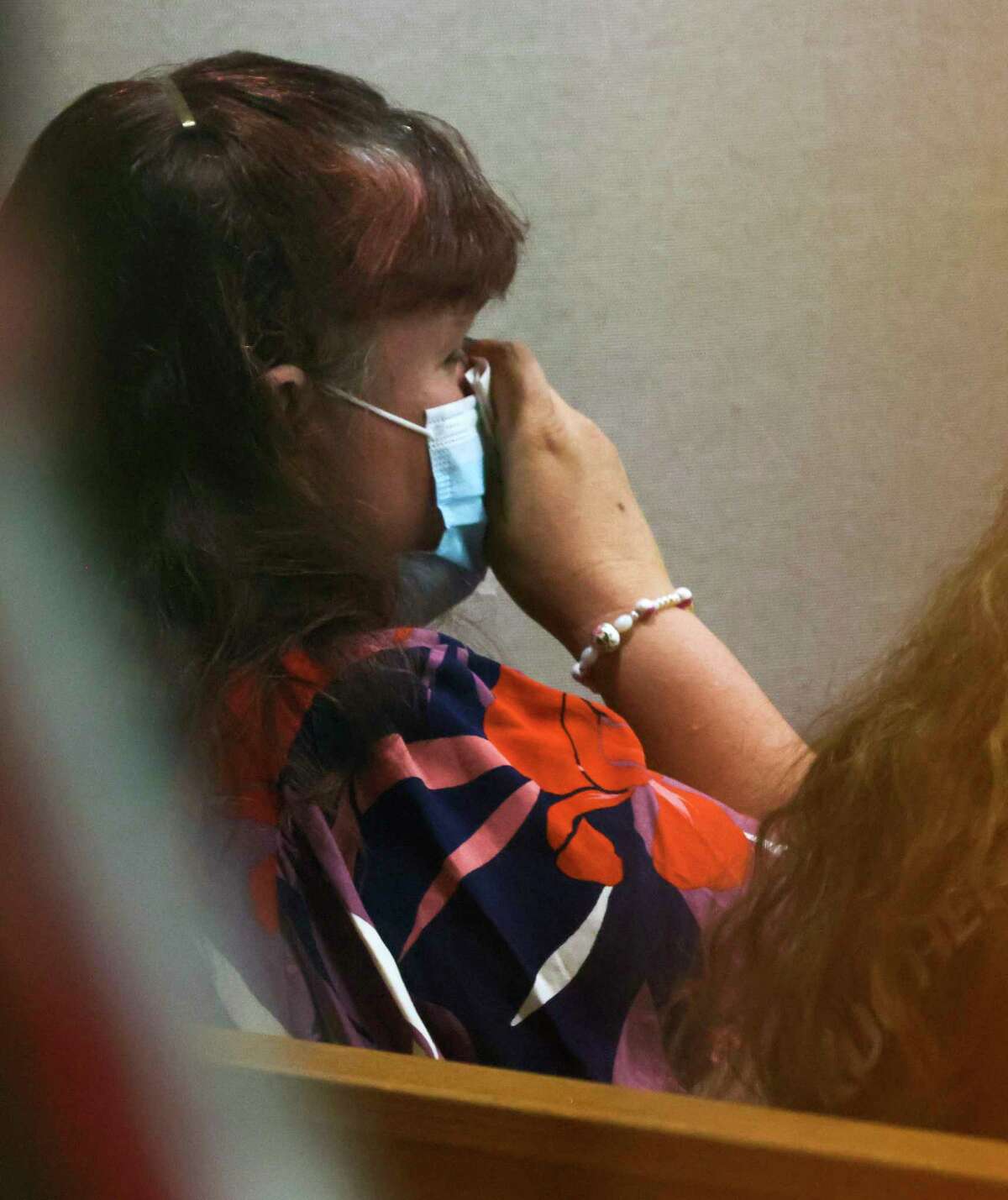 Patricia Owens, the mother of slain teens 18-year-old Amina Said and 17-year-old Sarah Said, reacts to hearing the 911 call from her daughters during closing arguments in the trial of Yaser Said at the Frank Crowley Courts Building in Dallas on Tuesday, Aug. 9, 2022. (Liesbeth Powers/The Dallas Morning News via AP)