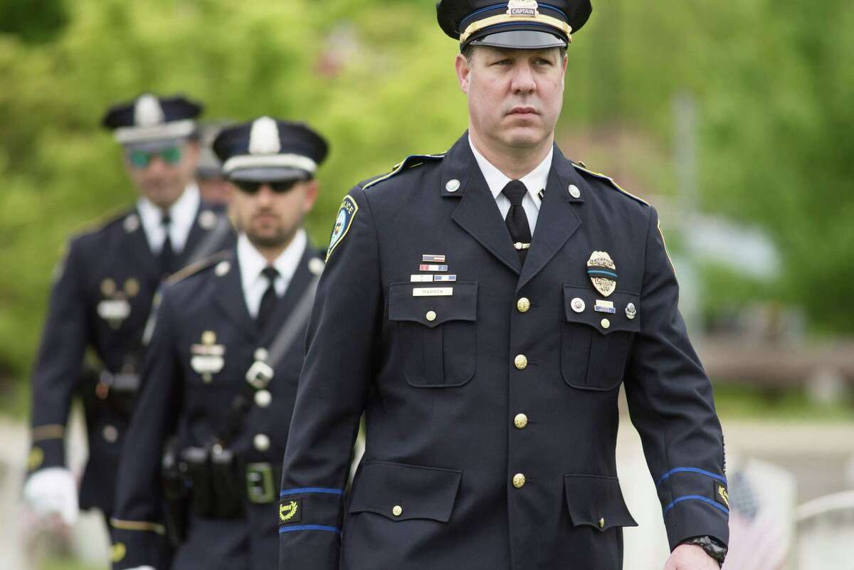 Captain Jeremiah Marron Jr. of the Darien Police Department at Darien's Memorial Day ceremony in 2020.