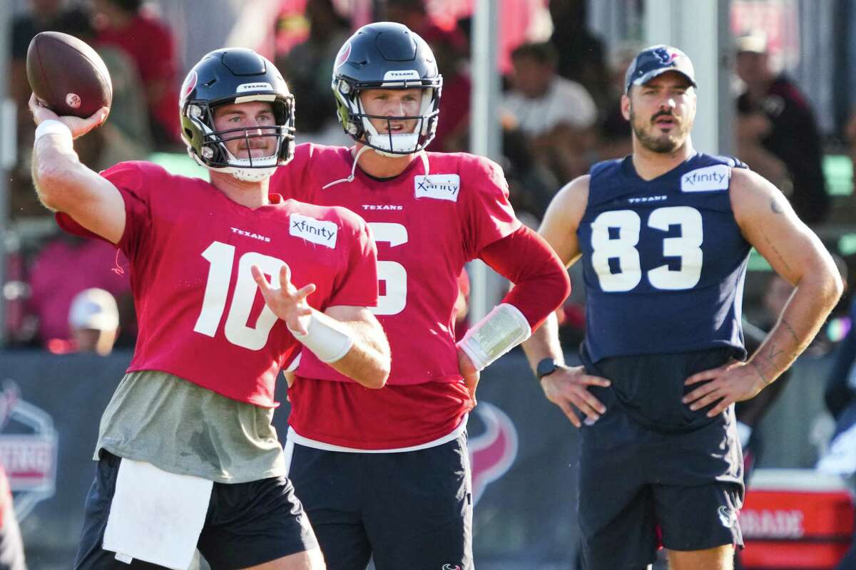 Houston Texans quarterback Davis Mills (10) throws a pass during an NFL training camp Wednesday, Aug. 10, 2022, in Houston.