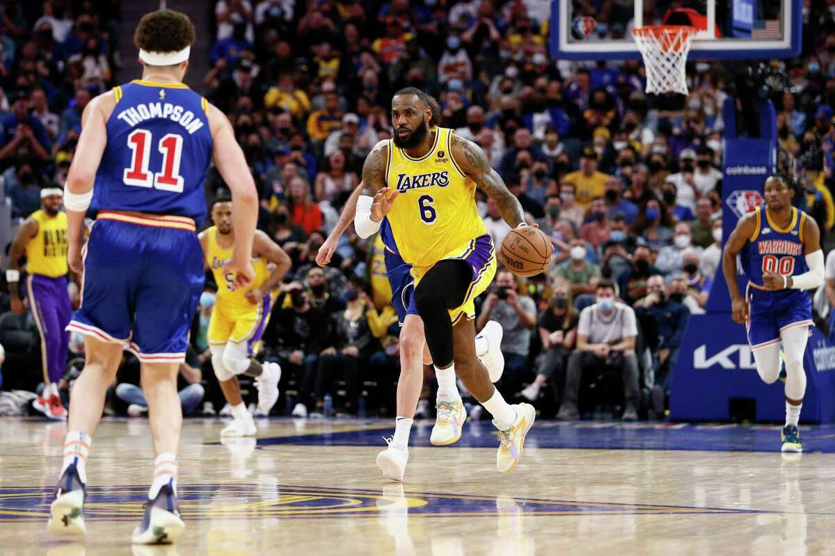 Los Angeles Lakers forward LeBron James (6) in the second half of an NBA game against the Golden State Warriors at Chase Center, Saturday, Feb. 12, 2022, in San Francisco, Calif. The Warriors won 117-115.