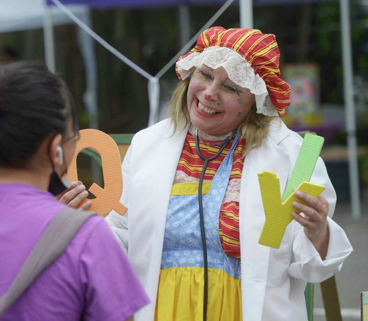 Janina Radachowsky or Ms Bubbles the Clown entertained at the Connecticut Institute for Communities Community Health Fair, part of National Health Center Week. The event will be held in the parking lot of the Danbury Community Center. Wednesday, August 10, 2022, Danbury, Conn.