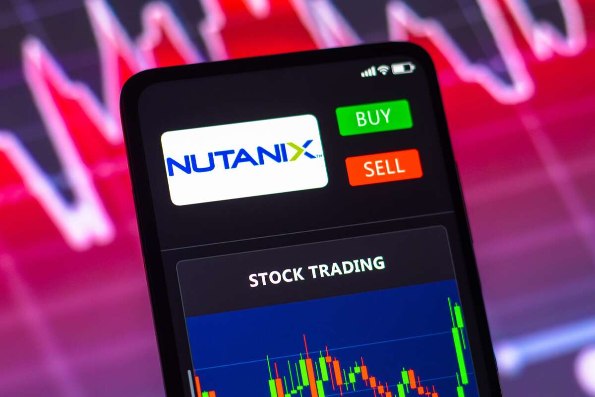 In this photo illustration, the stock trading graph of Nutanix is seen on a smartphone screen.