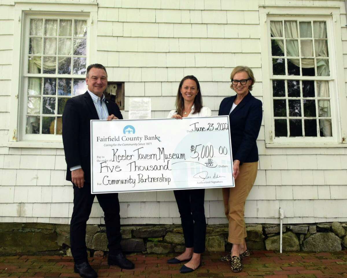 Fairfield County Bank recently made a $5,000 donation to the Keeler Tavern Museum & History Center (KTM&HC) in Ridgefield. From left, Fairfield County Bank Executive Vice President of Marketing Steve Wooters, KTM&HC Head of Communications and Grants Katie Burton and KTM&HC Executive Director Hildegard Grob.