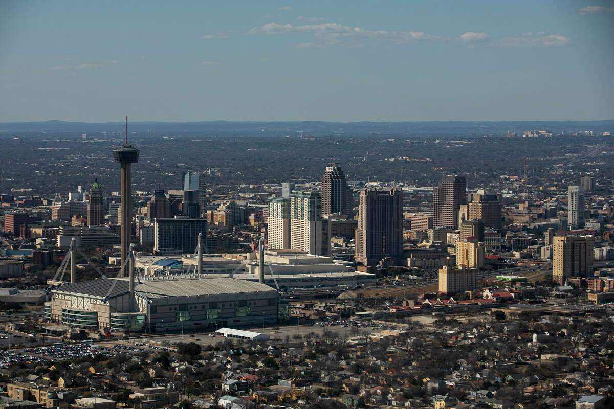 The San Antonio skyline as seen from the air in San Antonio on Feb. 10, 2022.