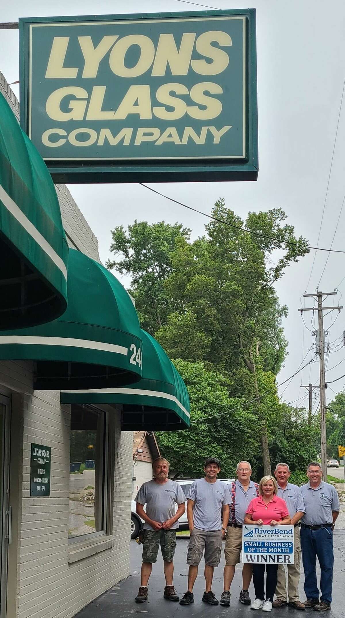 Lyons Glass Company has been named the Small Business of the Month for August by the RiverBend Growth Association. Team members are Perry Hill, Jeanne Hill, Steve Hill, Dick Lyons, Joe Young and Virgil Langford.