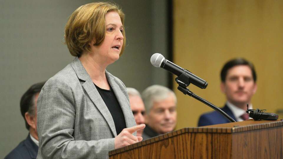 Dr. M. Katherine Banks speaks during an announcement about the Texas A&M-Concho Engineering Academy, Feb. 14, 2019, in the Carrasco Room at Midland College.