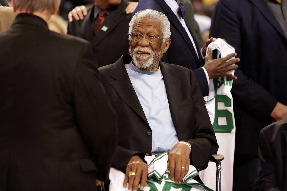 Member of the Boston Celtics' 1966 Championship team Bill Russell is honored at halftime of a game between the Boston Celtics and the Miami Heat at TD Garden on April 13, 2016, in Boston.