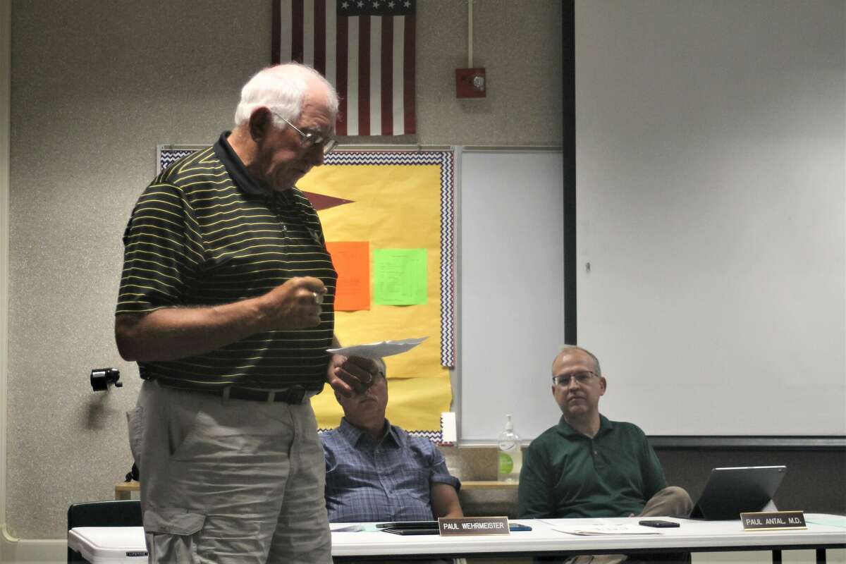 John Helge, of Manistee, says during a school board meeting Wednesday Manistee Area Public Schools should not be obligated to turn the Jefferson Elementary School property into a park.