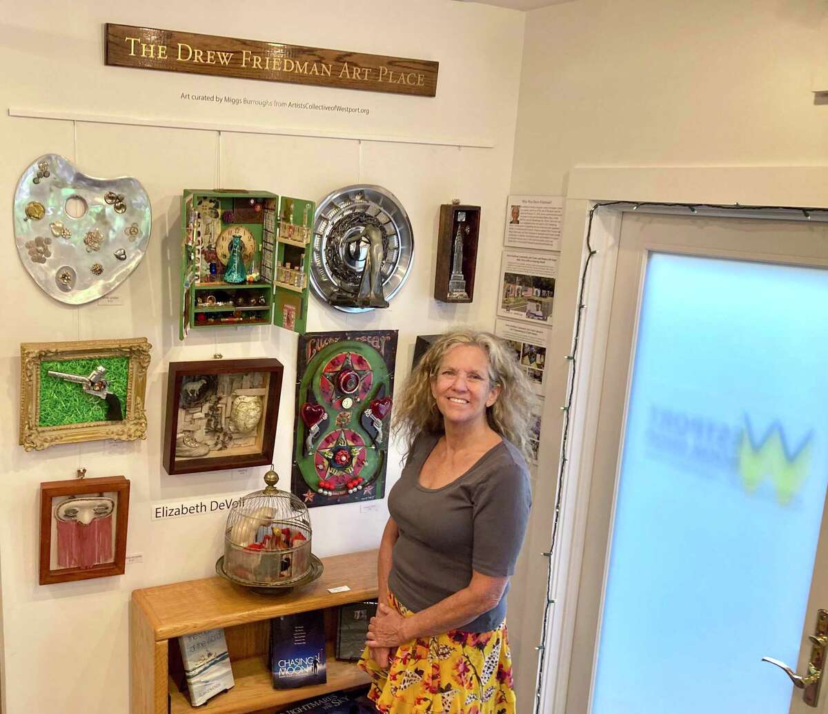 Artist Elizabeth Petrie-Devoll is the Westport Book Shop’s guest exhibitor in an August art exhibit at the shop’s Drew Friedman Art Place for the current month. Petrie-Devoll is exhibiting 11 original assemblage works of art through Aug. 31, with all of the artwork being available for purchase.