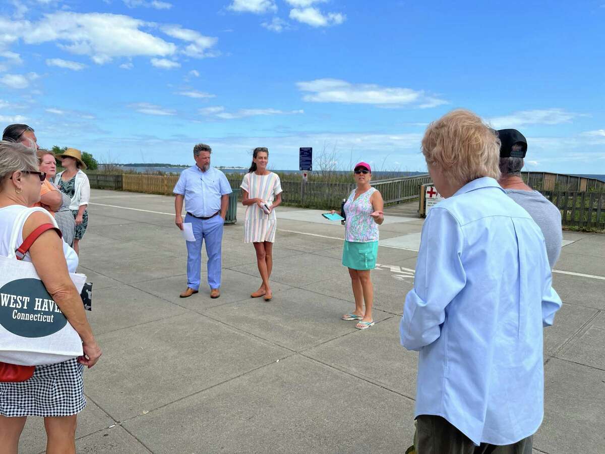SLR International Corp. architect landscape Jason Williams and coastal scientist Megan Raymond, along West Haven Shoreline Restoration Project co-chairwoman Marilyn Wilkes at an Aug. 10, 2022, meeting.