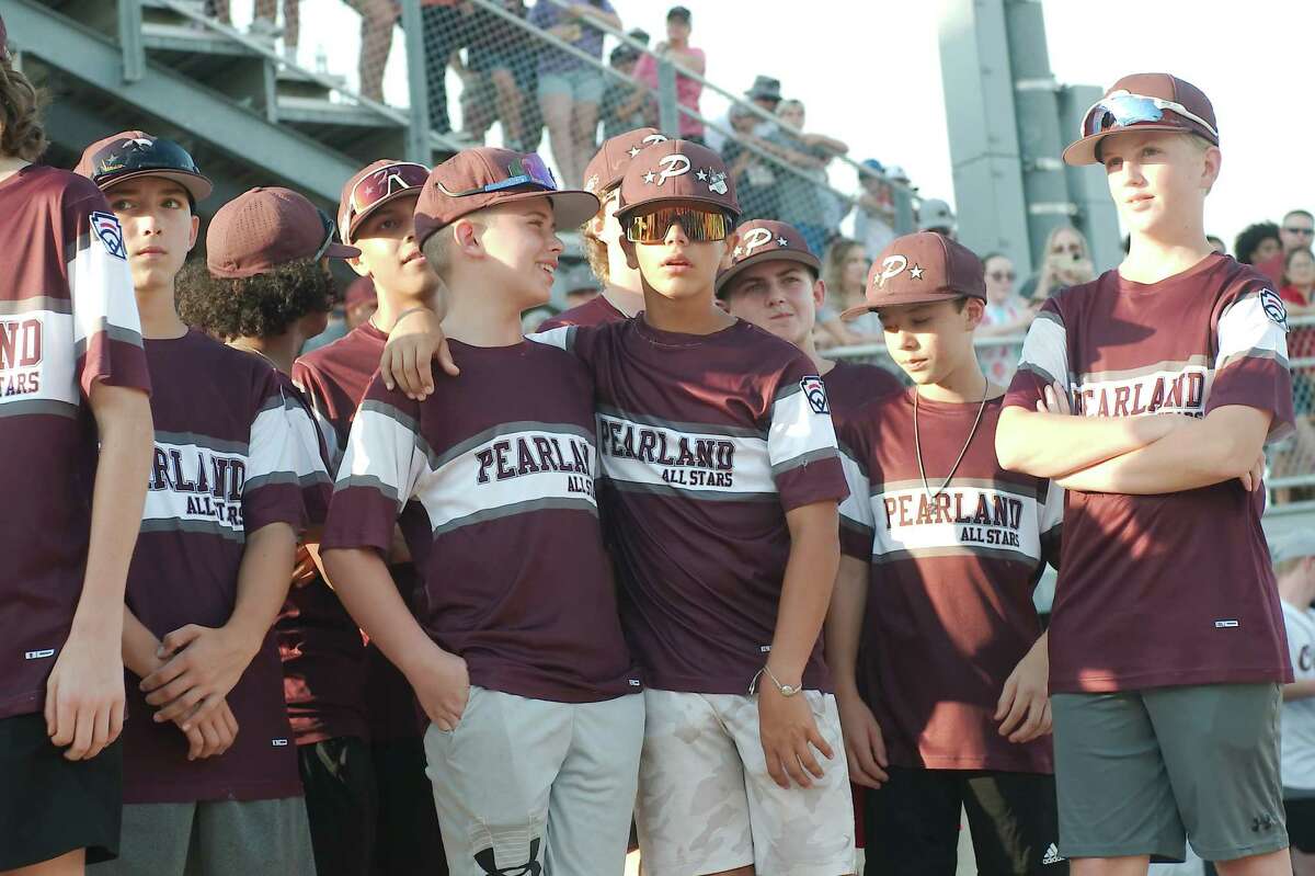 Pearland Little League All Stars teammates and friends Ethan Richardson and Landon Karel enjoy the moment as family, friends and little league supporters gather at The Rig for a World Series send-off celebration for the Pearland Little League All Stars Thursday, Aug. 11, 2022.
