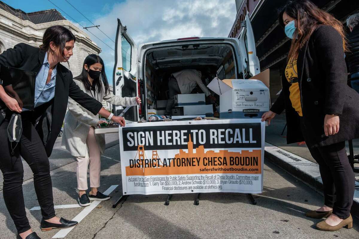 Organizers with the recall campaign against District Attorney Chesa Boudin make final preparations before submitting tens of thousands more signatures than required to qualify for the ballot in San Francisco on Friday,October 22, 2021.