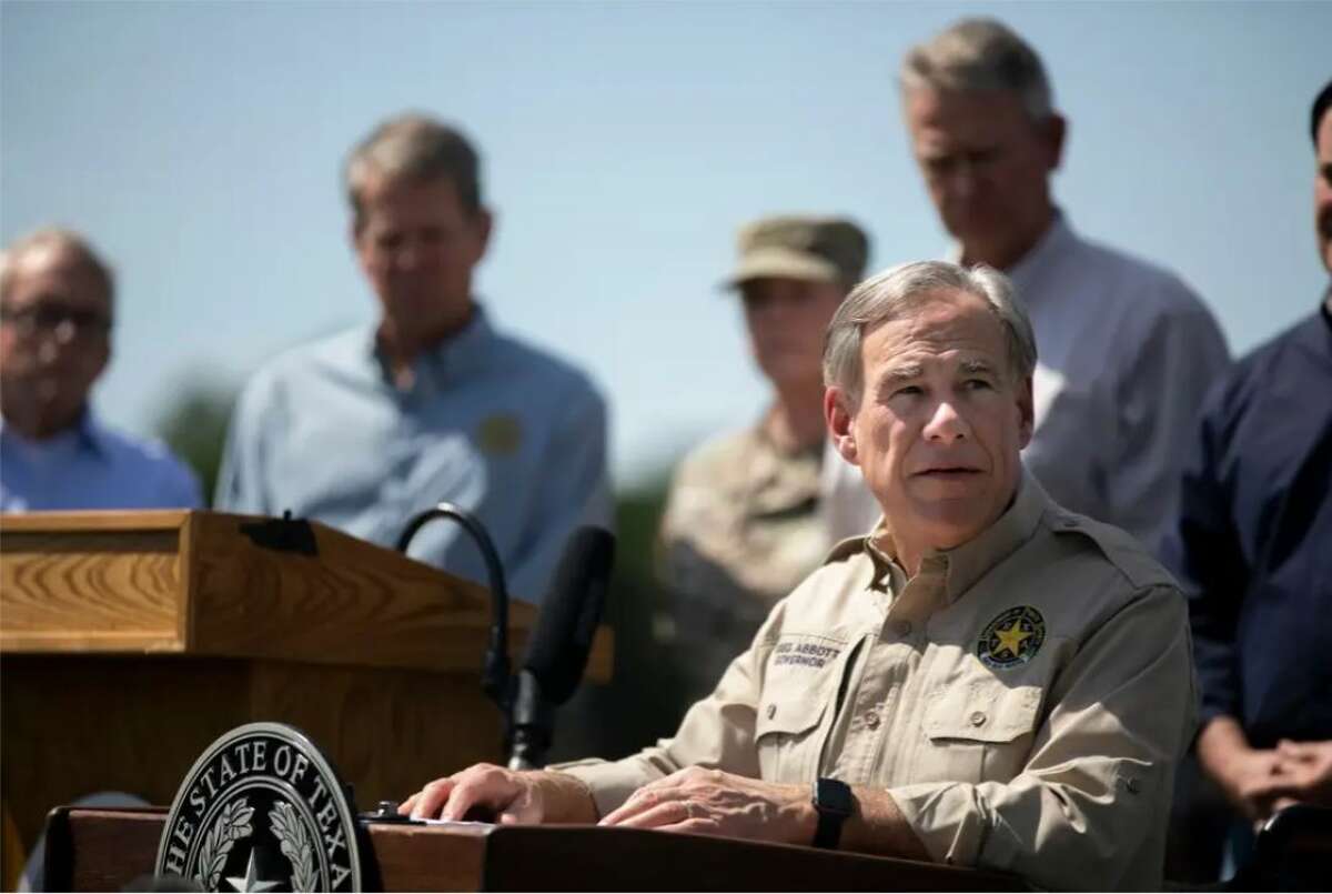 Gov. Greg Abbott speaks at a press conference with nine other governors regarding the southern border at Anzalduas Park in Mission on Oct. 6, 2021. Credit: Eddie Gaspar/The Texas Tribune