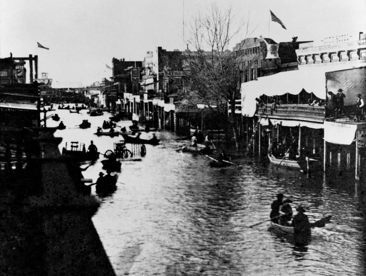 The Great California Flood of 1861-62 was a series of four floods from December 9, 1861, to Jan. 17, 1862. The winter rains started early in November and continued nearly uninterrupted for four months. Marysville and Sacramento suffered the worst damage in the Northern California valley. This scene shows the floodwaters in January 1862 along K Street looking west from Fourth Street in Sacramento.