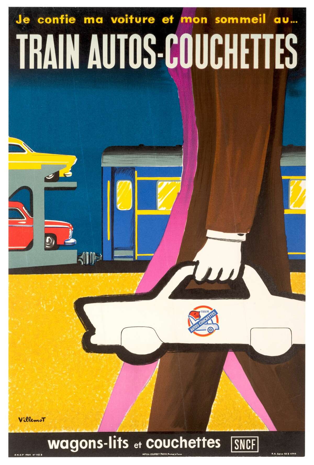 "Train Autos-Couchettes" travel poster advertising sleeping cars and depicting a couple carrying a car-shaped bag near an auto train, illustrated by Bernard Villemot for the French National Railway Company in 1964.