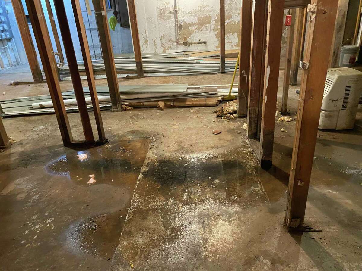 Friday morning puddles and a powerful smell remain in the basement of Building 18 at Wedgewood in Bloomfield. Solange Jefferson originally complained to the health department in March.