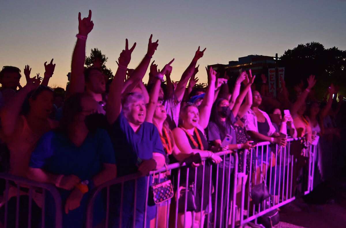 Crowds watch the headlining band The All-American Rejects perform during Alive At Five at Mill River Park in Stamford, Conn., on Thursday July 14, 2022. 
