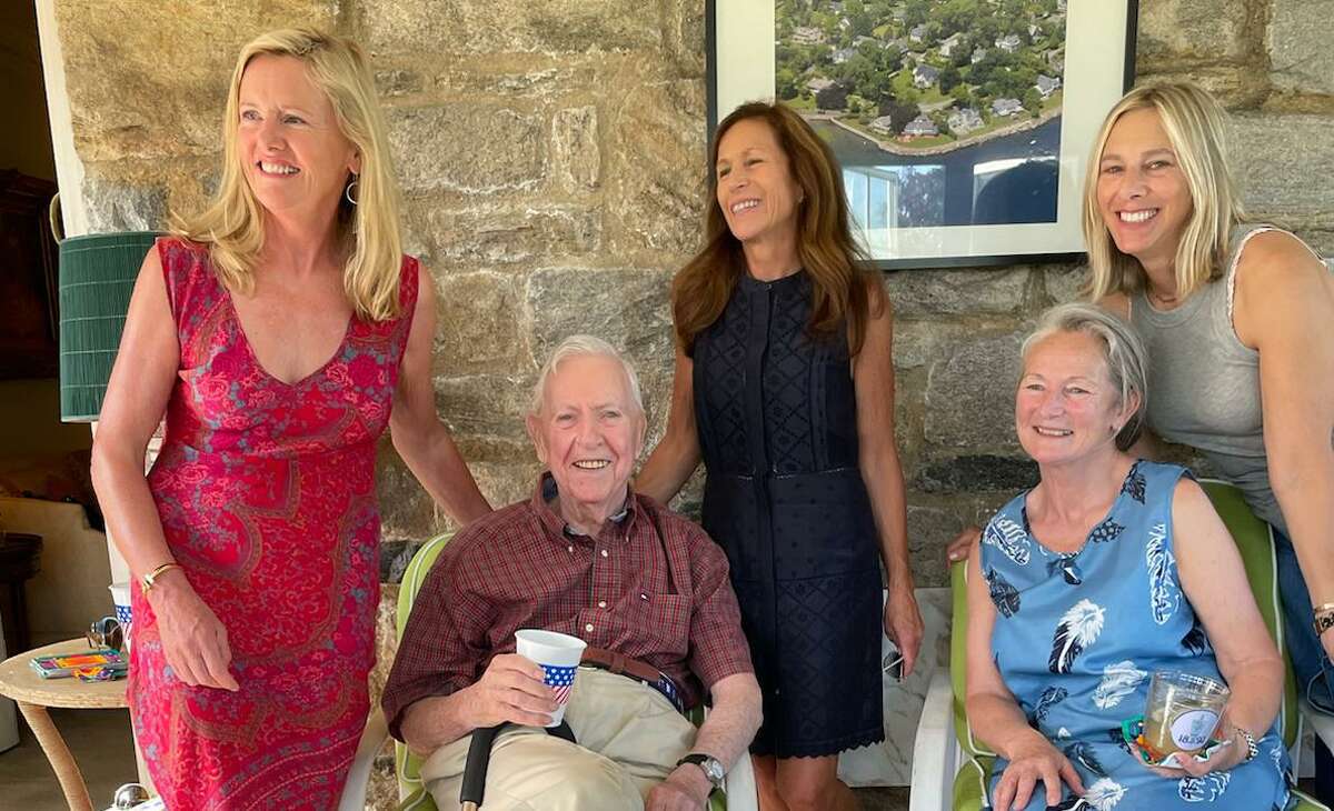 Bob Horan of Greenwich, second from left, recently celebrates his 100th birthday, with, from left: Margaret Anker, Bob Horan, Tracy Grossman, Linda Weatherseed and Susan Elkin.