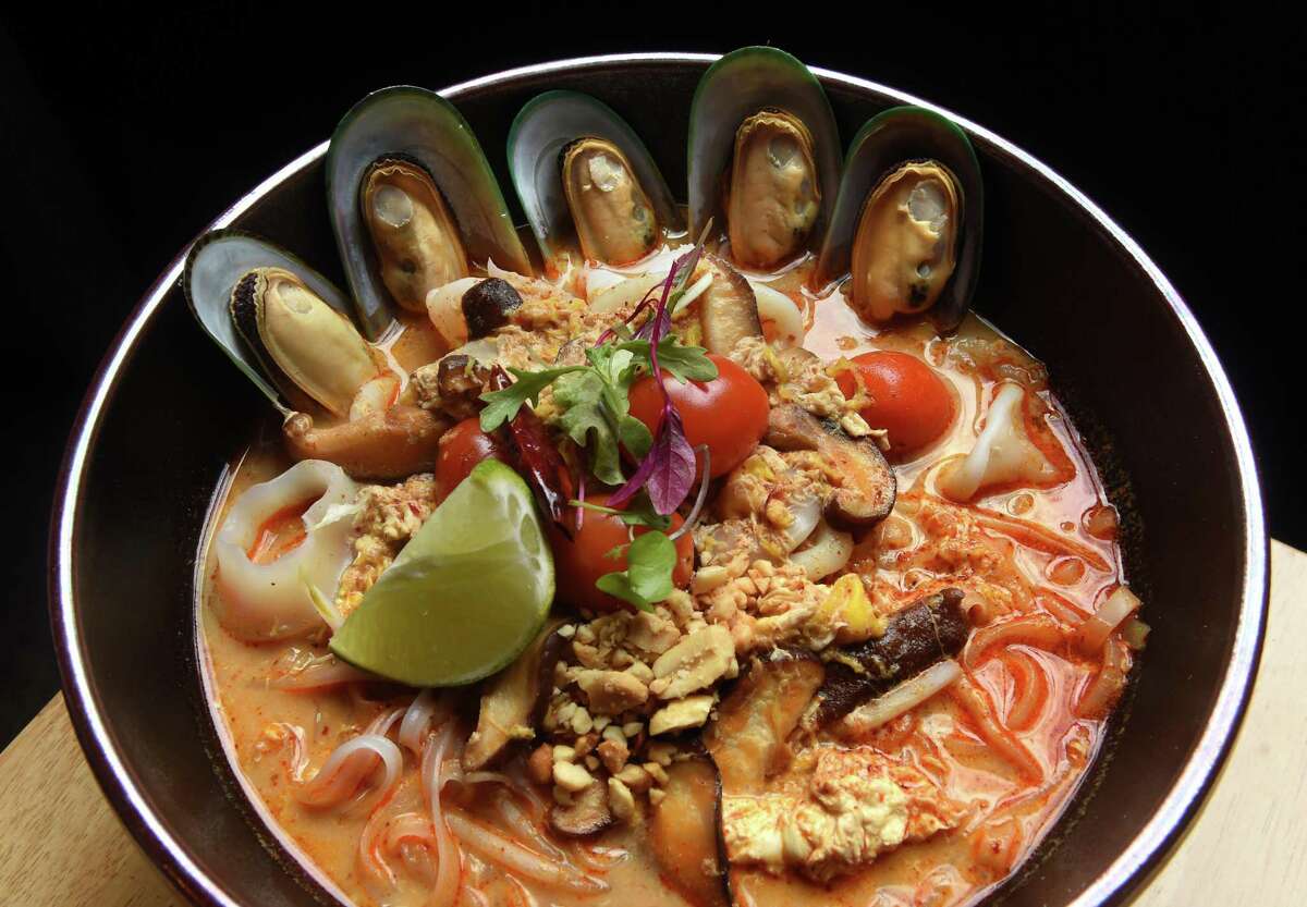 Tom Yum Noodles Soup made with jumbo shrimp, New Zealand mussels and squid photographed at the new restaurant, NOA by September in Bangkok, on Crown Street in New Haven on August 10, 2022.