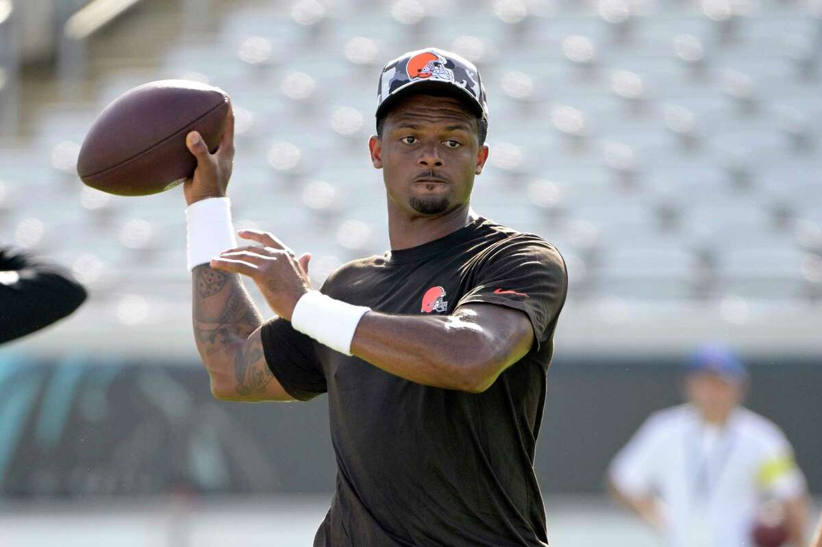 Cleveland Browns quarterback Deshaun Watson (4) warms up before an NFL preseason football game against the Jacksonville Jaguars, Friday, Aug. 12, 2022, in Jacksonville, Fla.