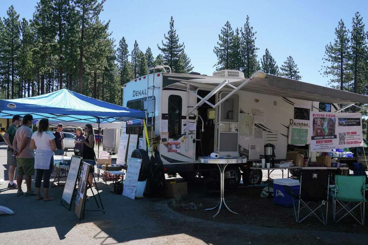 Volunteers meet at the Truckee Recreation Center parking lot in Truckee, Calif., on Friday, Aug. 12, 2022. Kiely Rodni, a Truckee teenager, has been missing from the Prosser Lake area since last weekend. Volunteer operations are based out of the recreation center.