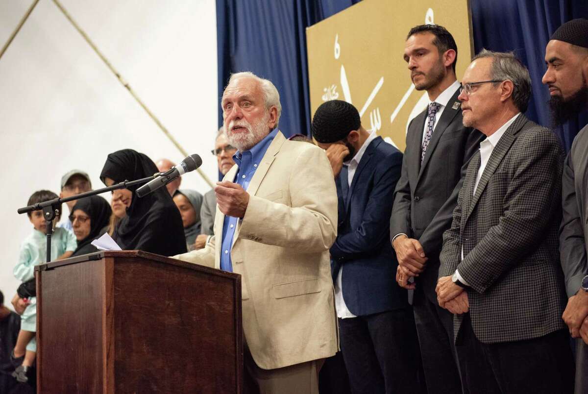 Dennis Riordan speaks at an event at the the Sacramento Valley office of the Council on American-Islamic Relations. He is joined by Hamid Hayat, a Lodi resident whose 2006 terrorism-related conviction and sentence were overturned thanks to Riordan and his team’s legal efforts.