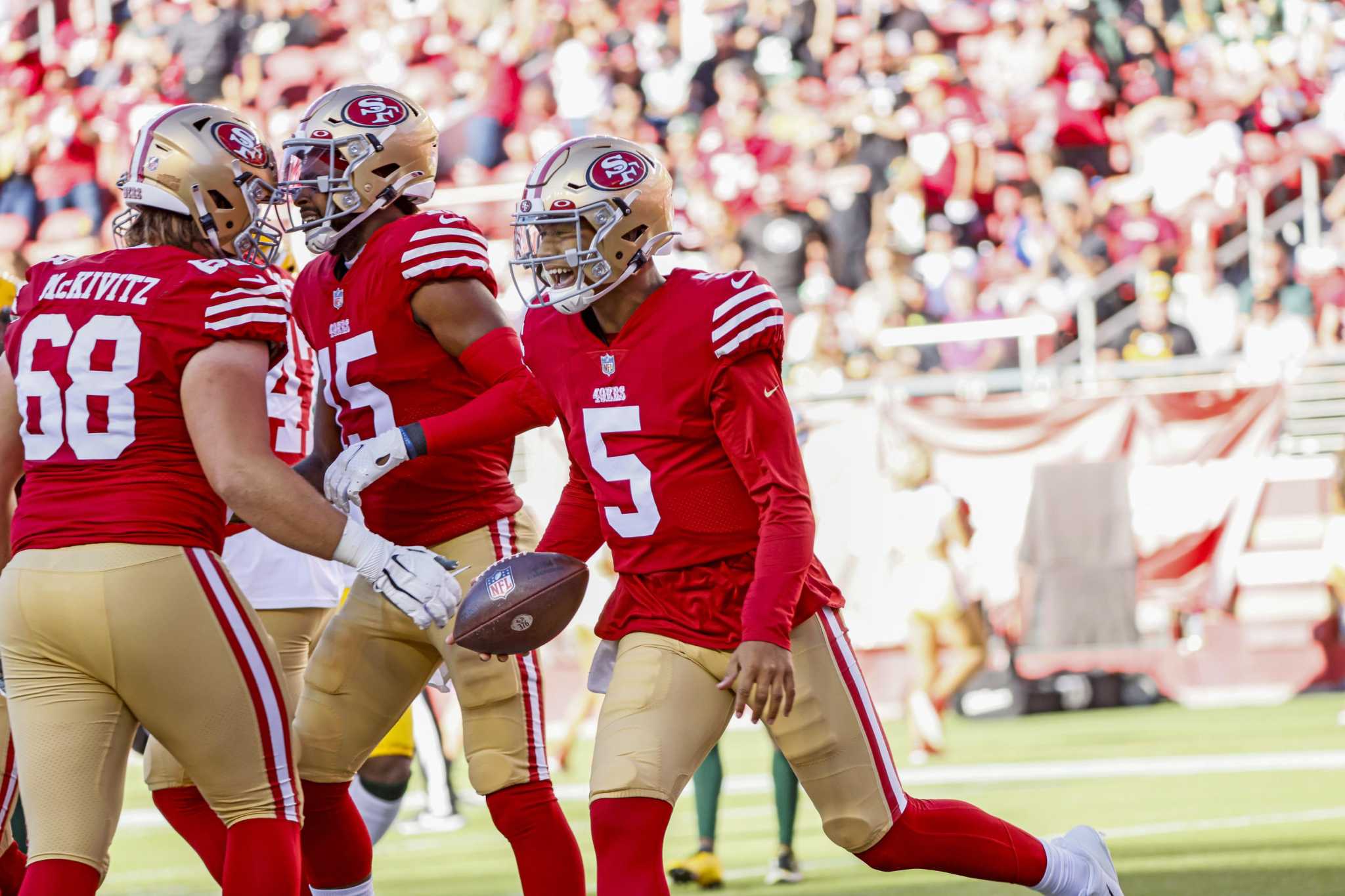 San Francisco 49ers linebacker Drake Jackson (95) reacts to the snap during  an NFL preseason football